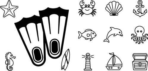 Collection of black and white line depicting marine life and nautical starfish flippers surfboard seahorse © GR Graphics
