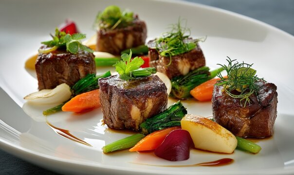 Gourmet beef medallions with colorful vegetables arranged elegantly on white dis