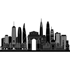 Fototapeta premium A black and white vector graphic illustration of a city skyline with iconic buildings and skyscrapers