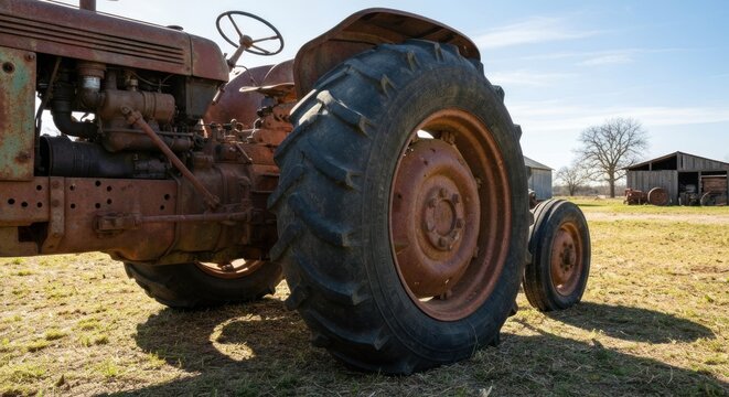 Rusty, old tractor in a field, partially visible, on a sunny day