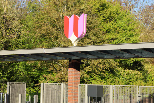 Lisse, South Holland/The Netherlands - April 22 2026: The Tulip - Logo Keukenhof over Keukenhof garden entrance   