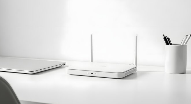 Minimalist workspace with wireless router and laptop on a white desk