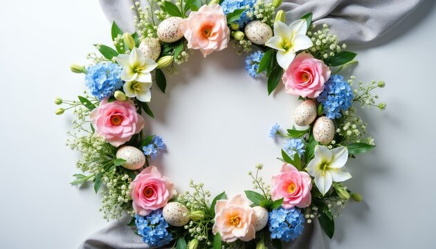 Easter wreath with pastel roses lilies bluebells and speckled eggs. Floral arrangement on white background with grey cloth. Perfect for spring holiday celebrations invitations and cards.