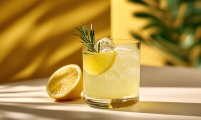 Fototapeta premium Lemonade drink with rosemary garnish, half lemon