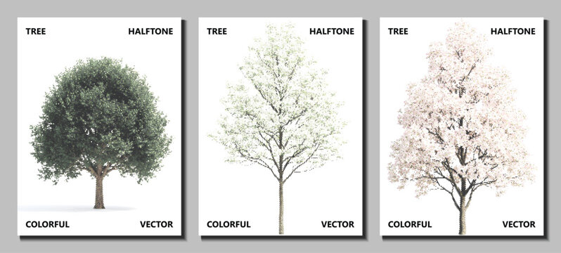 spring walnut chestnut tree set halftone white vector pop art isolated dotted bundle collection blossom flower