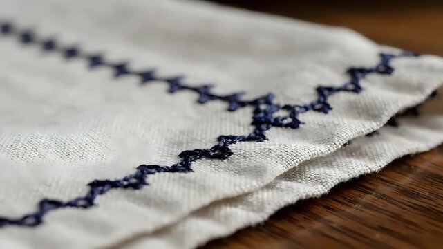 Closeup of embroidered fabric with dark blue zigzag pattern on a wooden surface.