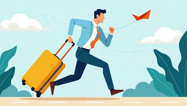 Man in suit runs with yellow travel bag. He hurries for flight with luggage. Businessman goes on urgent business trip. Concept of travel and relocation.