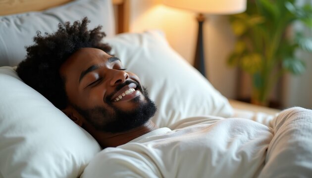 Young man smiles in bed after restful sleep. Peaceful morning light fills cozy bedroom, showing contentment and rejuvenation. He feels happy, relaxed, and well rested after slumber.