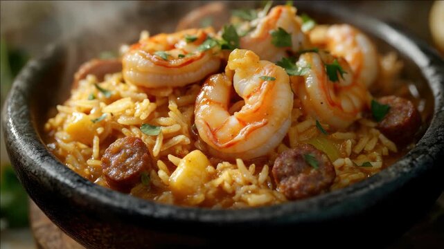 Shrimp and rice dish with bold flavors, popular in Southern cuisine.
