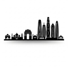 Fototapeta premium A black and white vector graphic illustration of a city skyline with modern skyscrapers and historical buildings