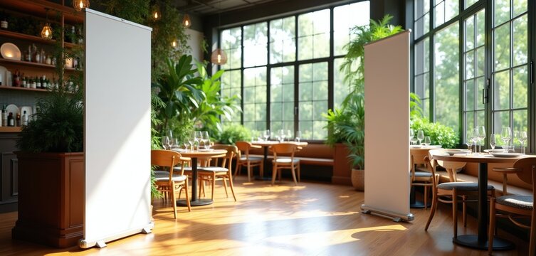Empty white roll up banners stand in bright restaurant interior with plants and large windows. Modern cafe tables chairs set for dining. Mockup space for ads.