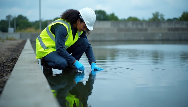 Woman worker in hard hat and safety vest tests water quality in basin. Female engineer collects sample from clear liquid in treatment facility. She wears gloves for safety.