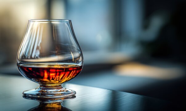 Rich amber whiskey in a snifter glass on dark wood with soft focus background