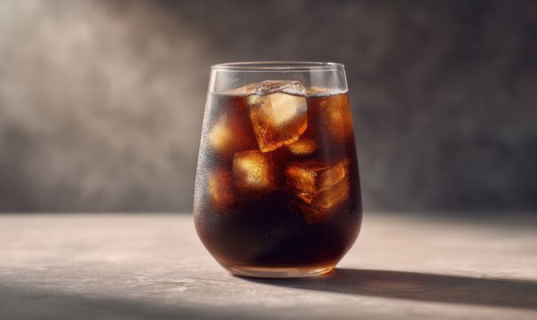 Iced drink in glass on textured surface