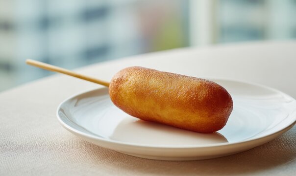 Corn dog on stick, placed on white plate, in soft focus indoor setting
