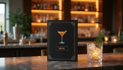 Naklejka premium Black menu stand with cocktail glass on marble bar counter. Elegant bar interior with illuminated shelves filled with bottles and glassware. Ideal for restaurant or cafe promotion.
