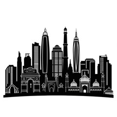 Fototapeta premium A black and white vector graphic illustration of a city skyline with a mix of modern and traditional buildings