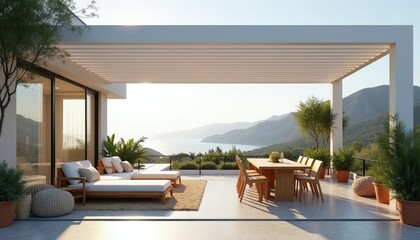 Obraz premium Modern open terrace with minimal furniture and sea view. Outdoor lounge chairs, dining table, mountain landscape background. Peaceful sunny day for relaxation and lifestyle.
