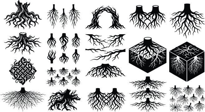 Black tree roots silhouette vector set with underground isometric cubes and celtic knot designs