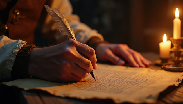 Person writes with quill pen on old parchment paper in dark room. Candle light illuminates desk. Close up on hand holding feather and ink. Ancient writing process.