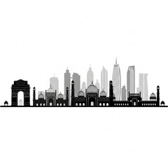 Obraz premium A black and white vector graphic illustration of a city skyline with a mix of modern and historical buildings