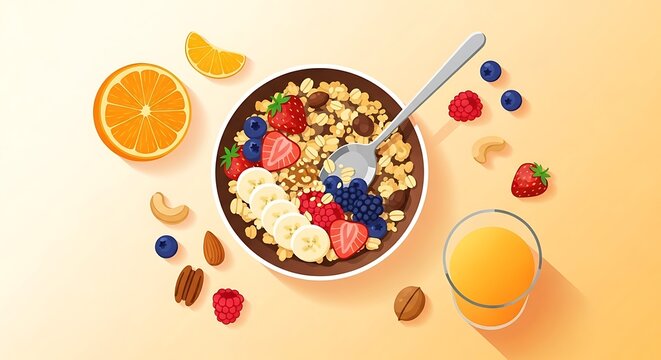 Colorful Fruit Oatmeal Bowl with Fresh Slices and Glass of Juice