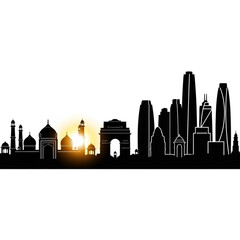 Obraz premium A black silhouette of a city skyline with a bright yellow sun setting behind it, featuring iconic buildings and skyscrapers.