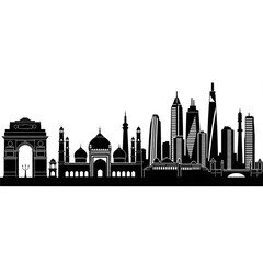 Fototapeta premium A black and white vector graphic illustration of the New Delhi city skyline, featuring iconic landmarks and modern skyscrapers in a flat, minimalist design