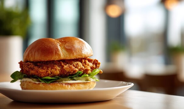 Appealing chicken burger with crisp breading and fresh greens