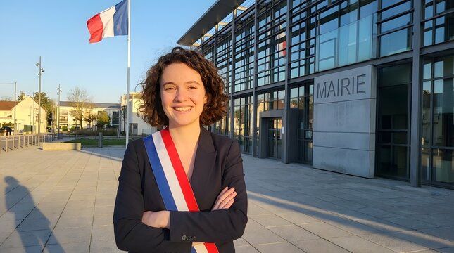 Smiling young French elected official proudly wearing a ceremonial tricolor sash representing public service outside the local town hall building.