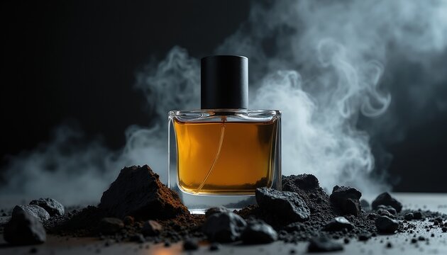 Men perfume bottle on dark background. Amber liquid in glass container with black cap. Smoke swirls around rocky terrain, suggesting a bold masculine scent.