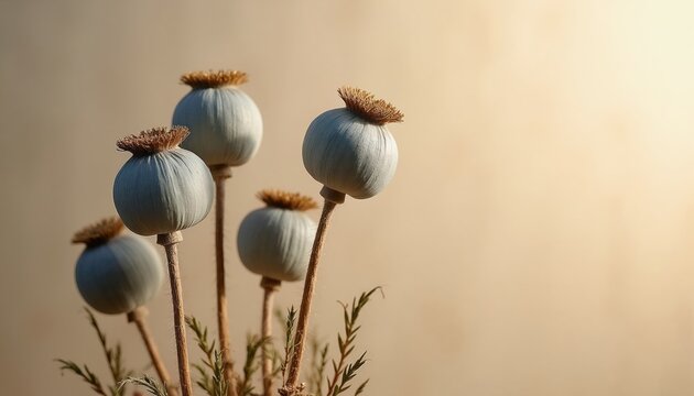 Group of dry opium poppy seed pods stand tall. Round grey capsules have textured brown tops. Stems are thin and brown with light green foliage near base.