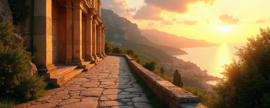 Stone pathway leads to ancient Greek Roman temple facade with columns. Coastal town below overlooks ocean at golden sunset. Serene Mediterranean landscape.