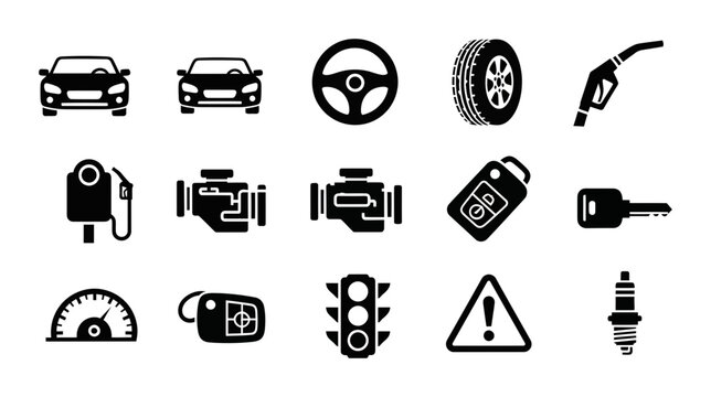 15 Car Service icons engine, fuel pump, tire and steering wheel, outline solid styles, UI and web interface design