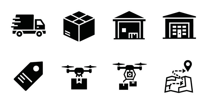 8 Logistics icons delivery truck warehouse drone box map, outline solid styles, UI and web interface design