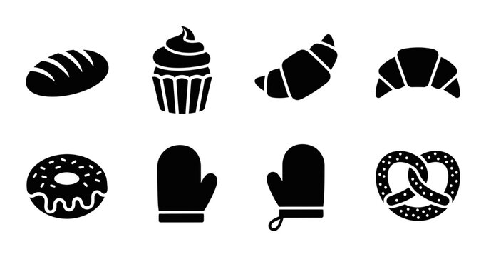 8 Bakery icons bread cupcake croissant donut pretzel oven mitts, outline solid styles, UI and web interface design