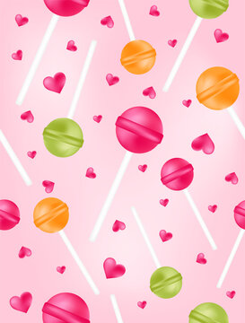 A pattern of lollipops in various flavors on a light pink background.