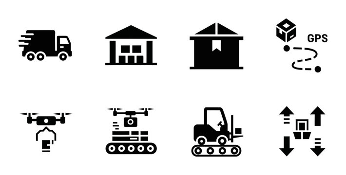 8 Logistics icons delivery truck warehouse drone forklift and GPS, outline solid styles, UI and web interface design