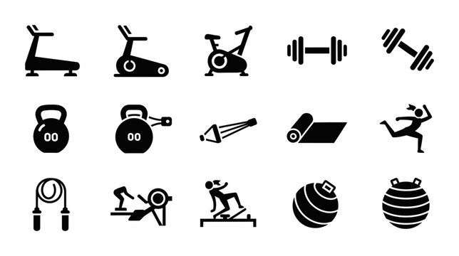 15 Fitness icons treadmill dumbbell kettlebell, outline solid styles, UI and web interface design