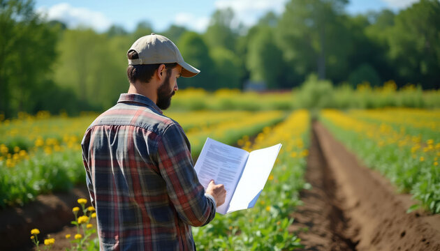Man in cap reads document in blooming field. Farmer checks data among yellow flowers. Agriculture worker reviews crop information. Rural work in green garden. Outdoors study. Sunny day.