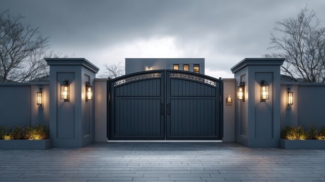 Metal gate with lanterns at dusk in a residential area showing the entrance to a modern house