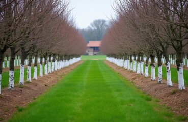 Naklejka premium Rows of bare trees with white painted trunks line a green grass path. A building with an orange roof sits in the distance at the end of the path.