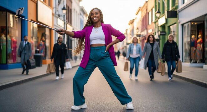 Stylish Young Black Woman Taking Selfie with Monopod on Colorful Urban