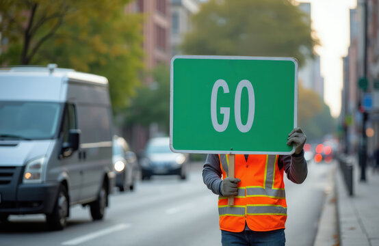 Road worker in hi-vis vest holds green GO sign on city street. Traffic moves past van and cars on sunny day. Pedestrian pathway visible on right.