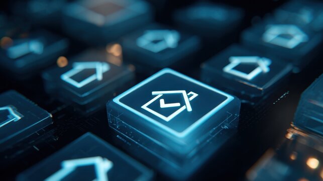 Digital keyboard keys with house icons showing home-related features and functions during nighttime lighting
