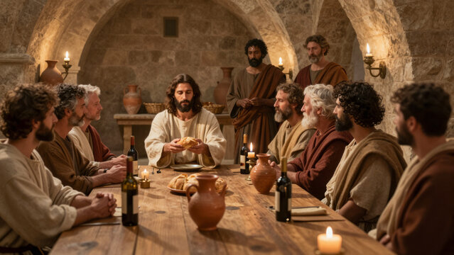 Jesus and disciples sharing a meal in a dimly lit room.. Jesus of Nazareth, Bible scenes