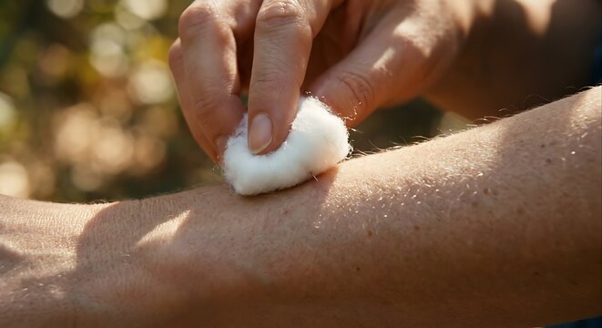 Person applying cream to arm outdoors in sunlight with hand and skin visible