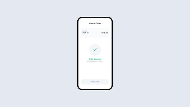 Mobile application screen showing flight ticket cancellation with automated refund processing and success confirmation