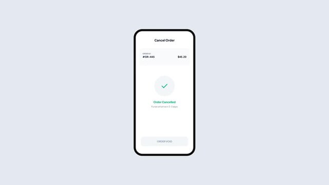 Mobile e-commerce app interface for grocery order cancellation featuring refund processing and order status update