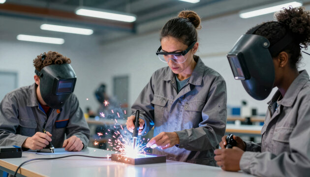Three individuals welding in a workshop environment.